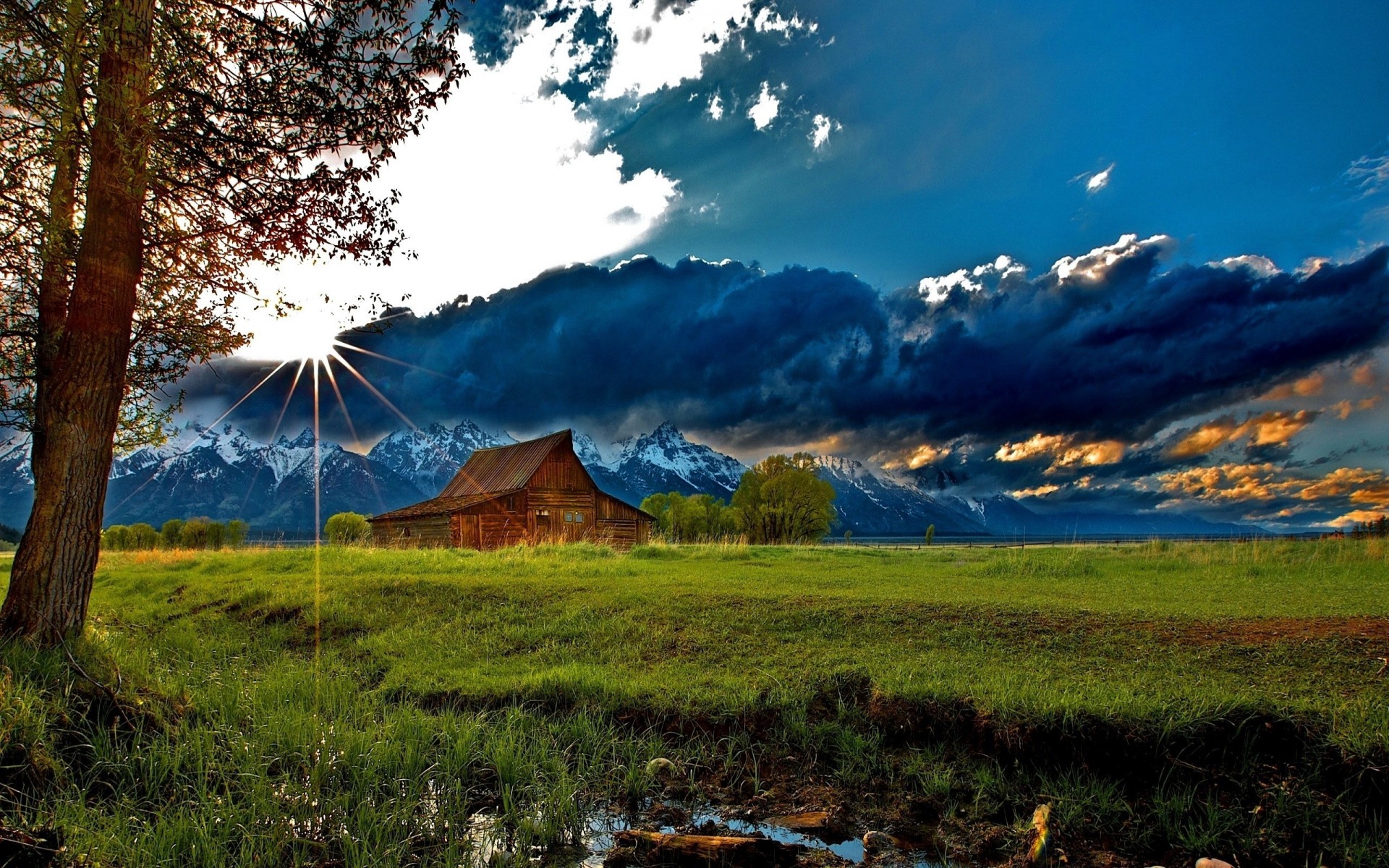 nuages arbre herbe ciel champ montagnes