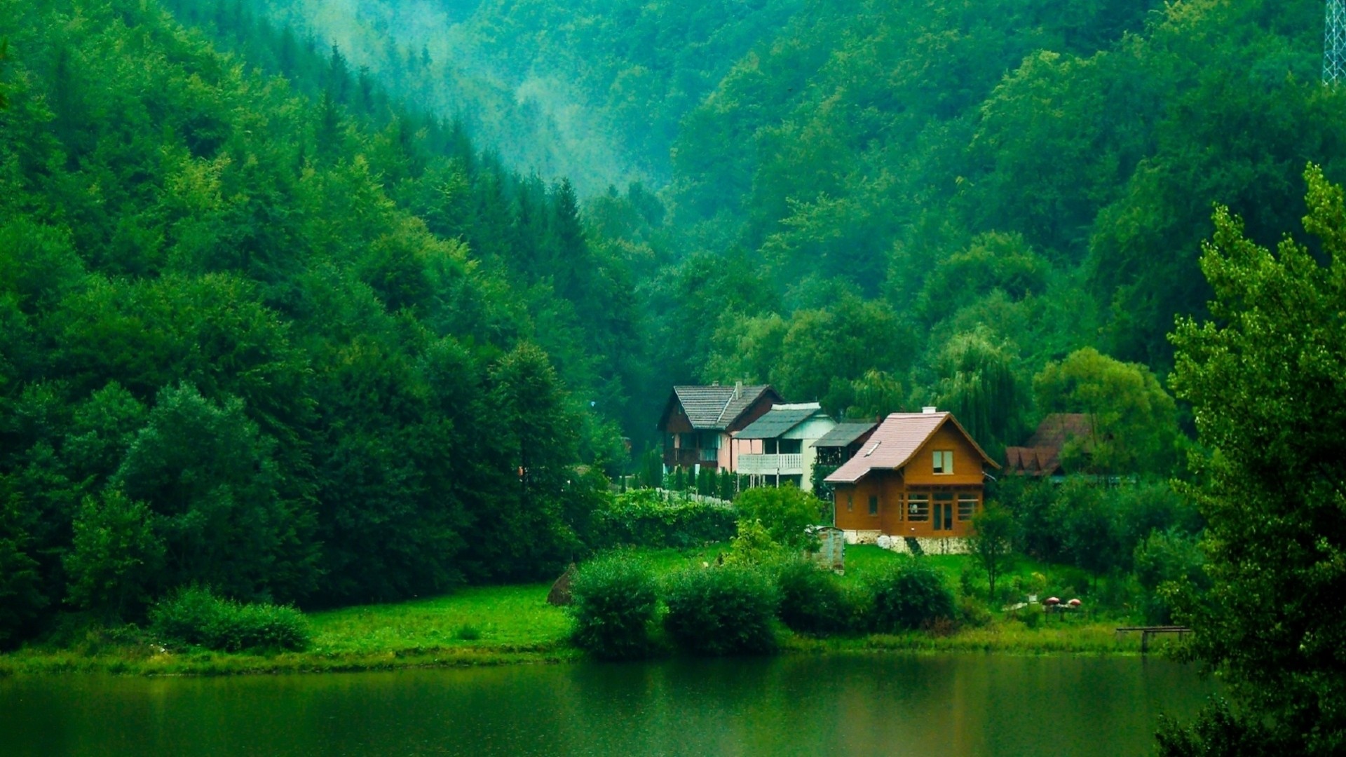 häuser see landschaft wald natur