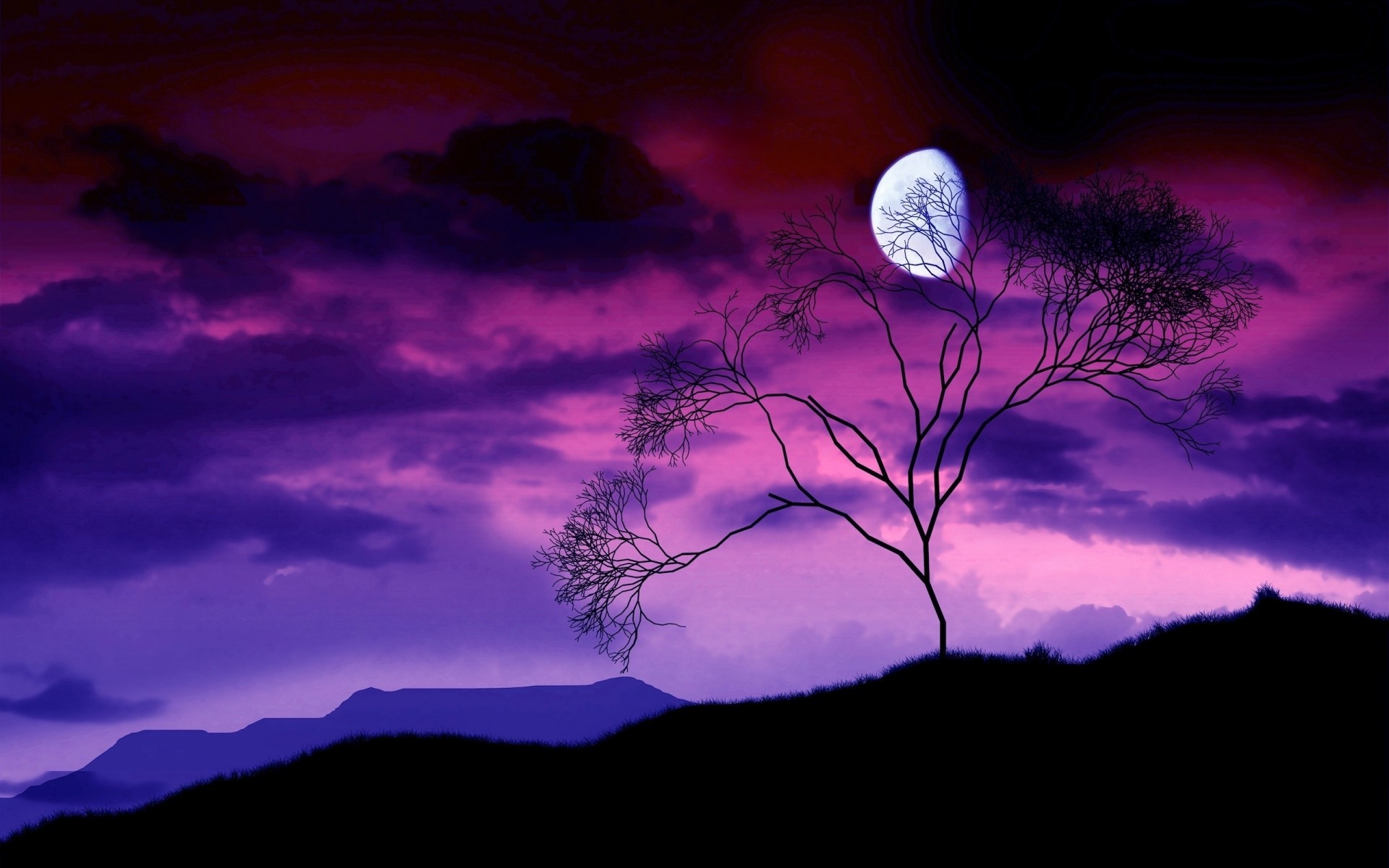 buisson nuit forme arbre ciel lune branche violet