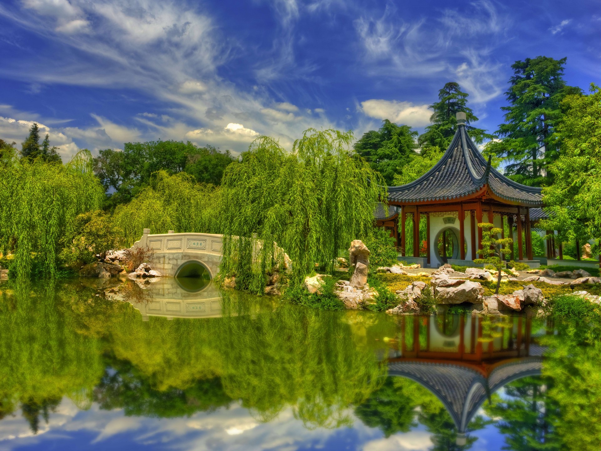 paisaje estanque china puente reflexión botánico jardín