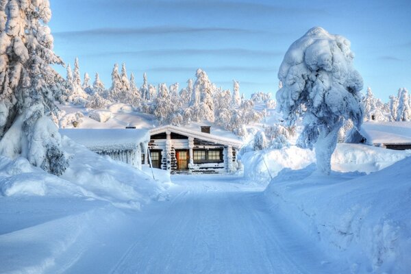 Paysage d un matin glacial avec une maison enneigée