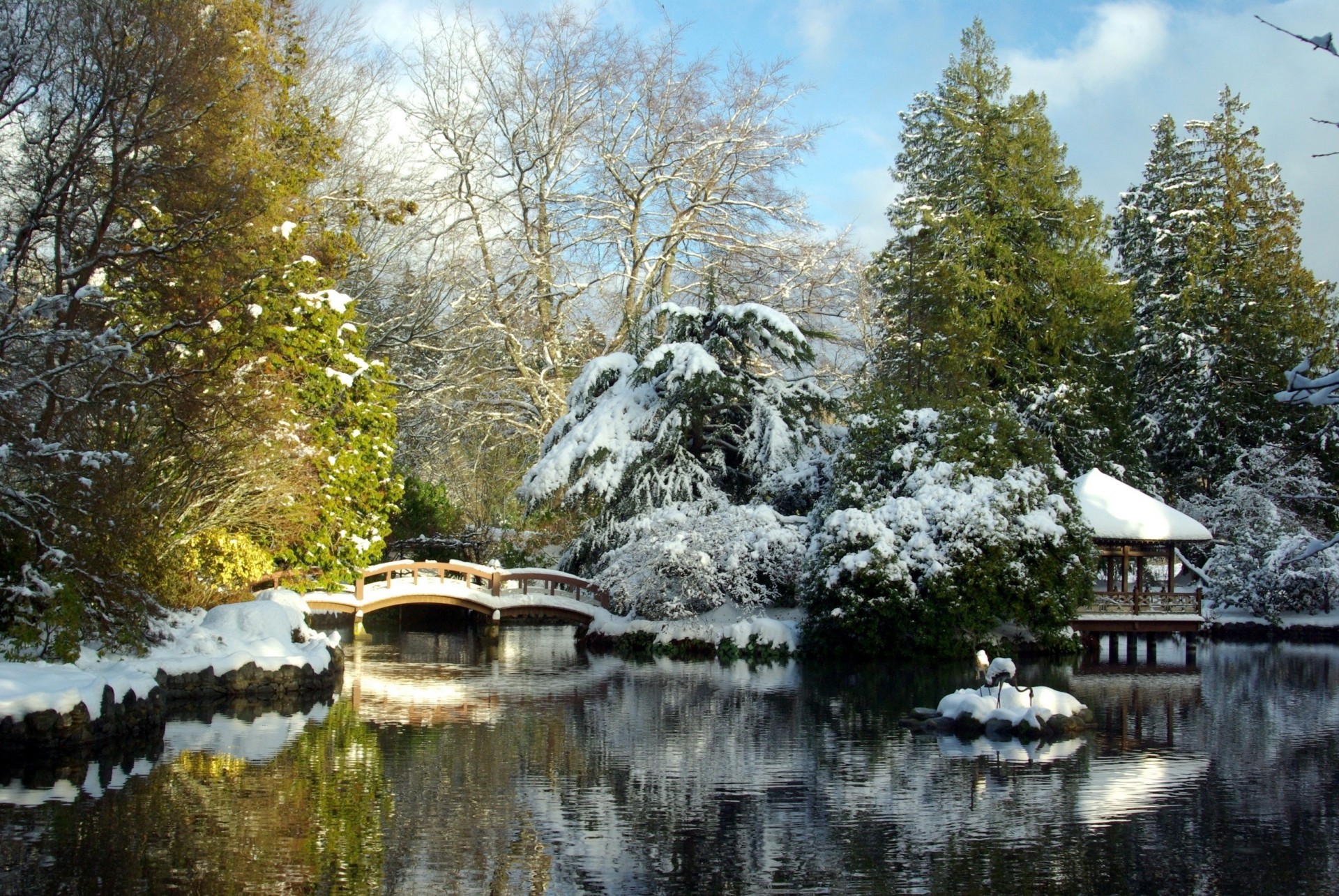 ponte paesaggio gazebo lago alberi tokyo neve giardino