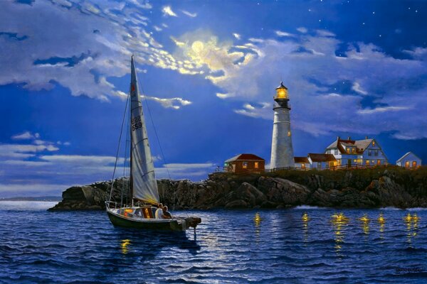 A sailboat at sea and a lighthouse. Landscape