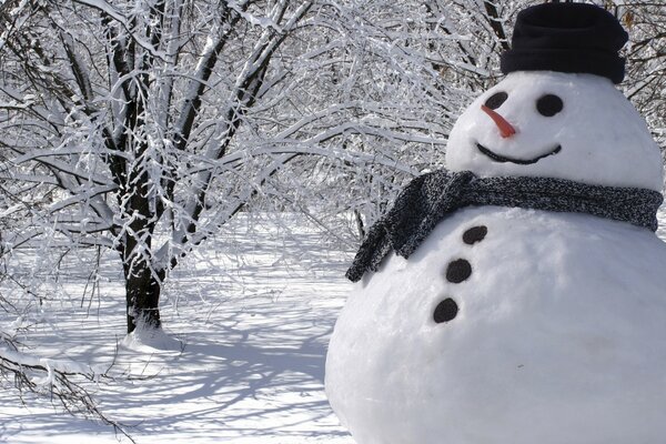 Snowman on the background of a snow-covered forest