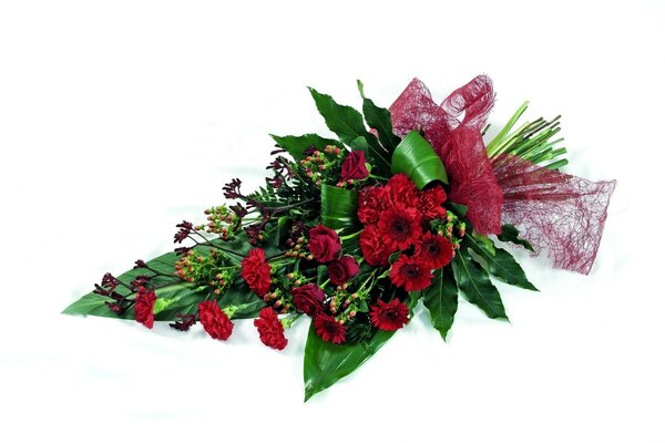 Red bouquet of roses and gerberas on a white background