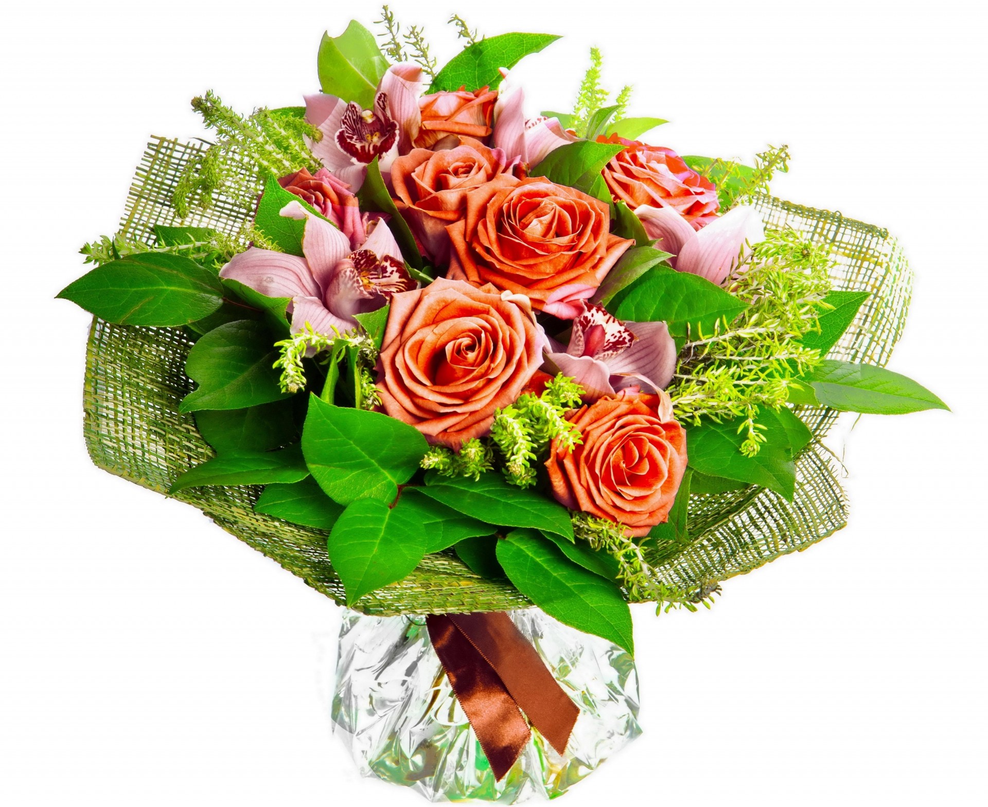 foglia bouquet nastro orchidee rose