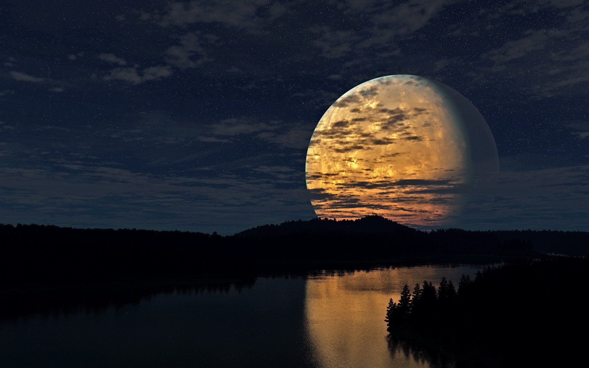 nuit rivière ciel lumière forêt nuages lune