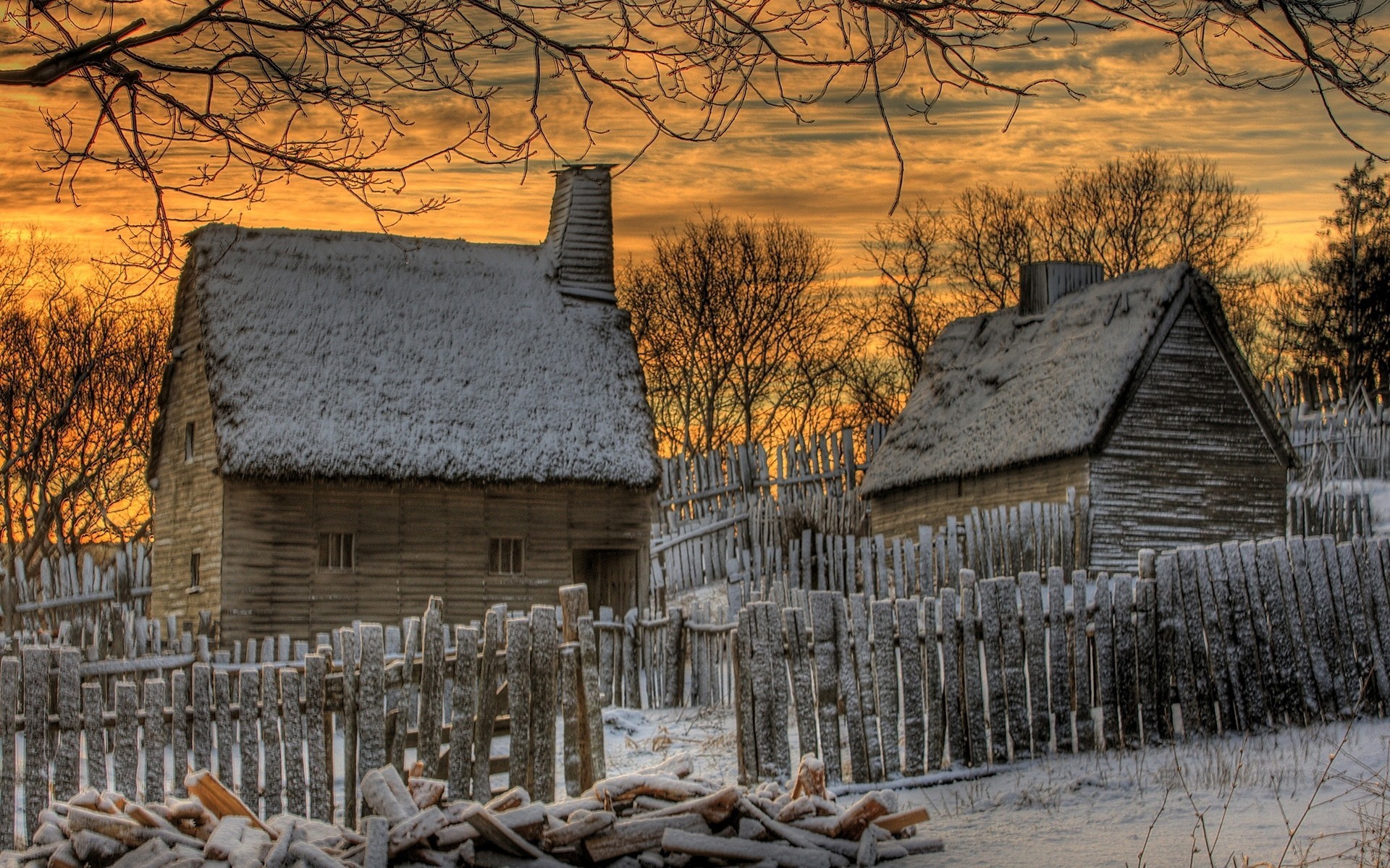 puesta de sol heladas árboles cielo nieve casas invierno paisajes