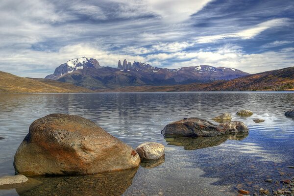 Rocks in the water and snow on the mountains