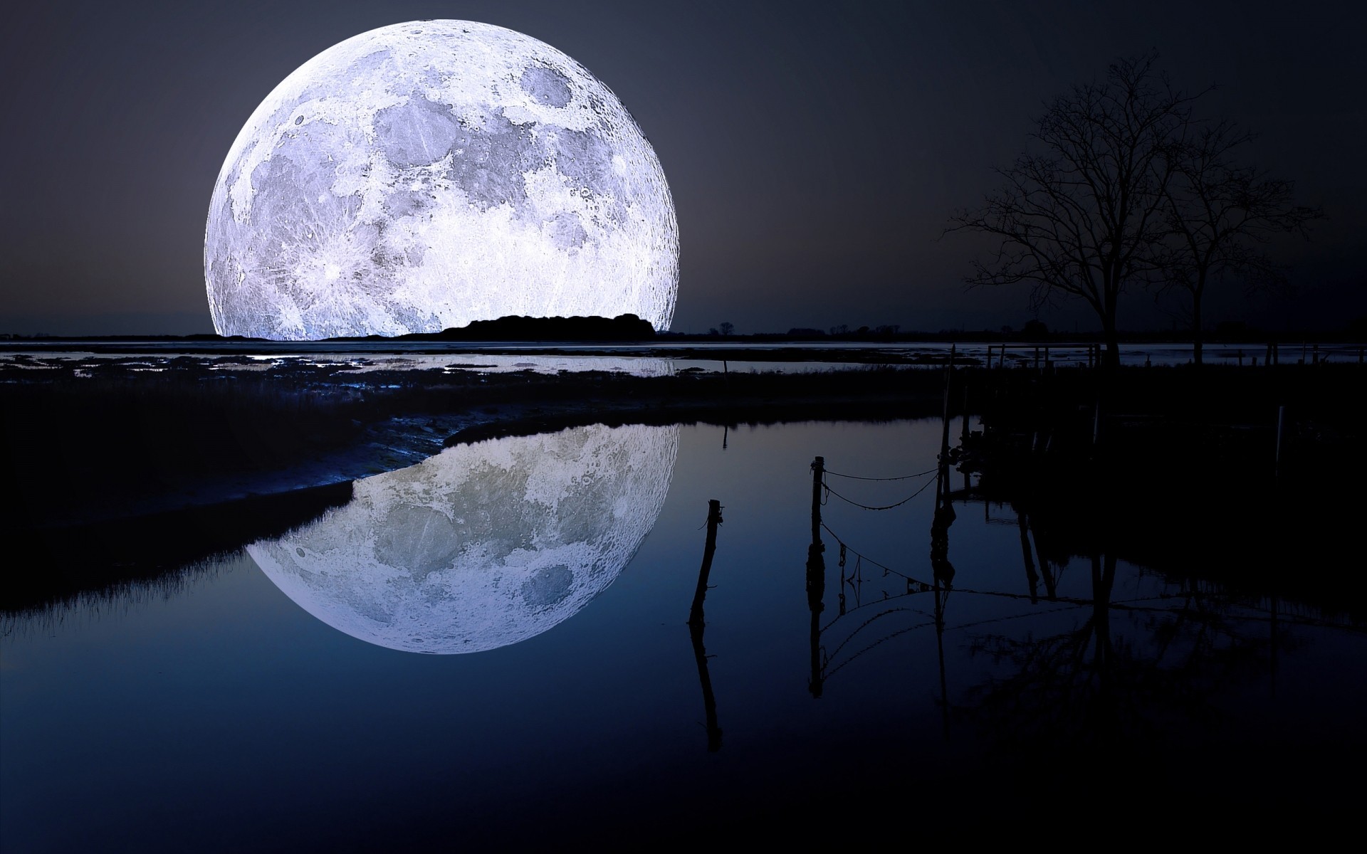 full moon reflection lake landscape moon night