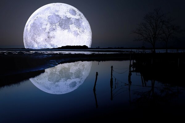 Отражение луны на ночном озере