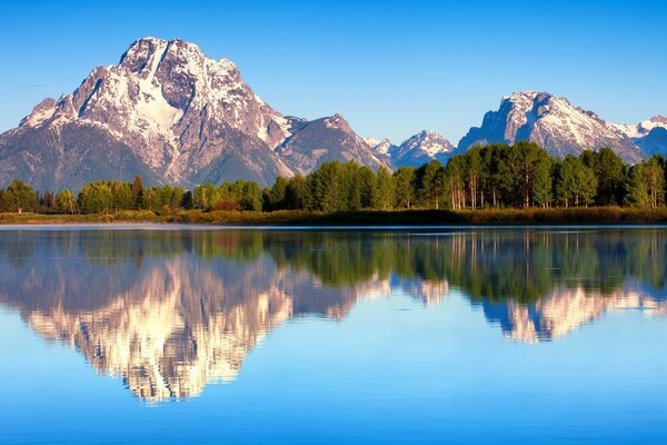 Lac bleu avec surface miroir sur fond de montagnes