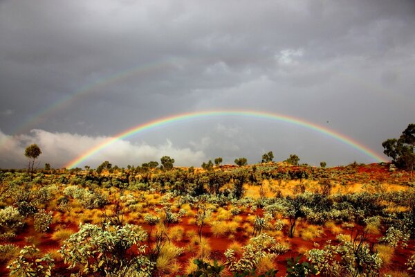 Doppelter Regenbogen auf einem Wildwestfeld