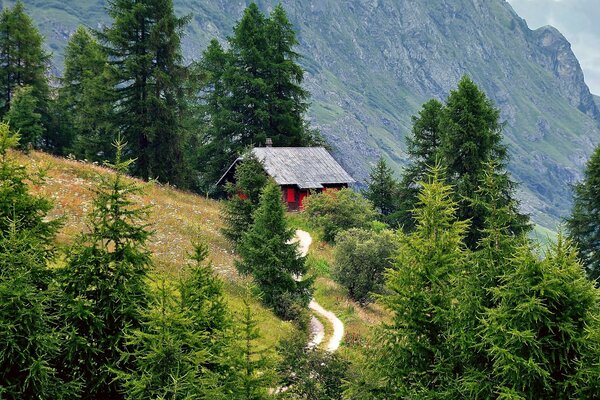 Landschaft des Hauses mit Straße auf dem Hintergrund der Berge