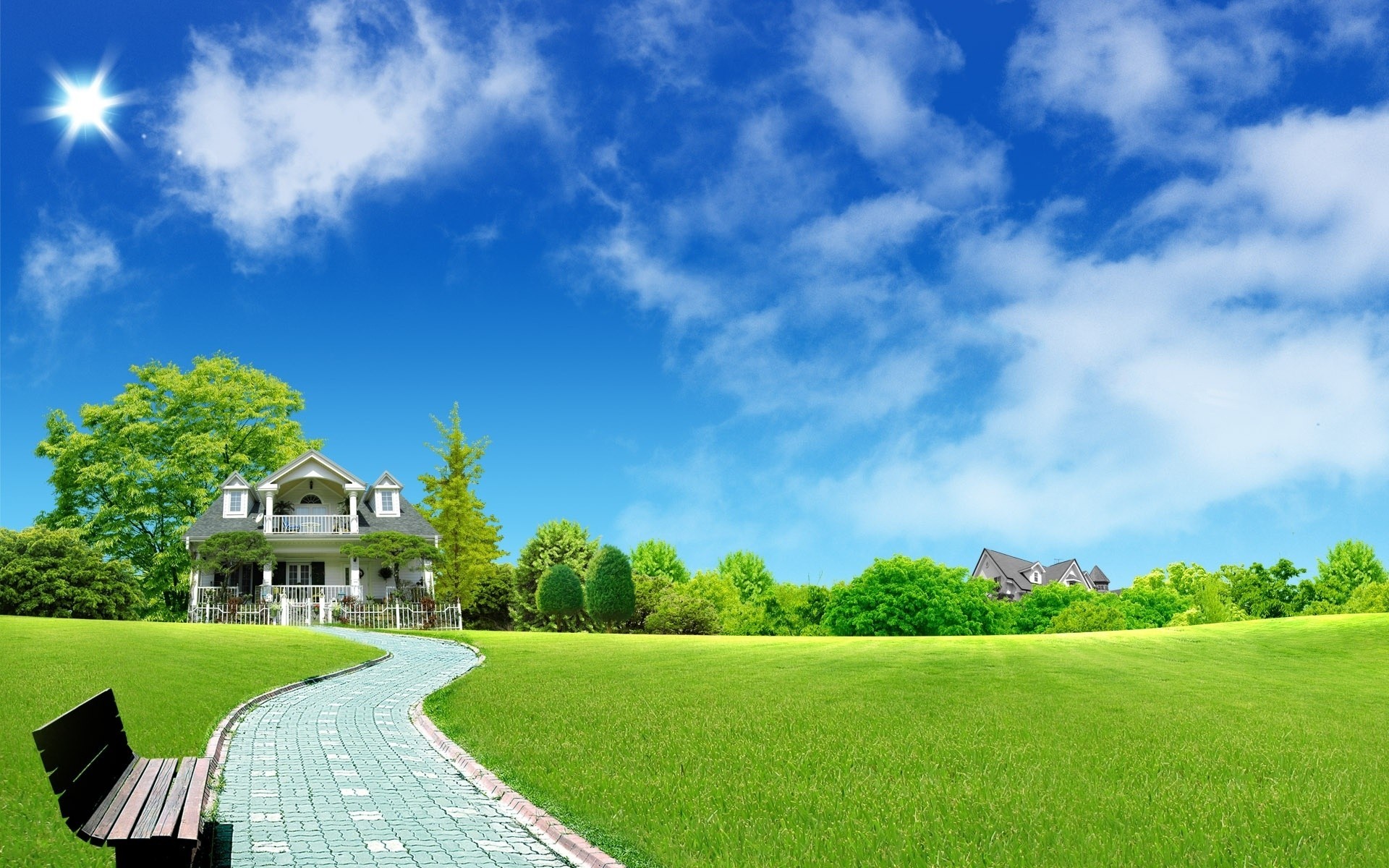 ciel maison pelouse bancs