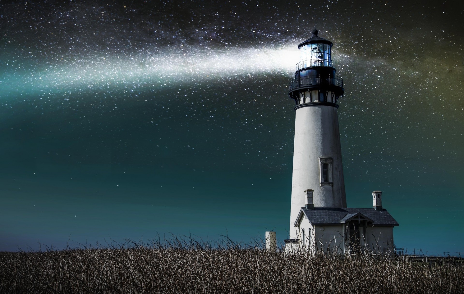 noche cielo faro campo