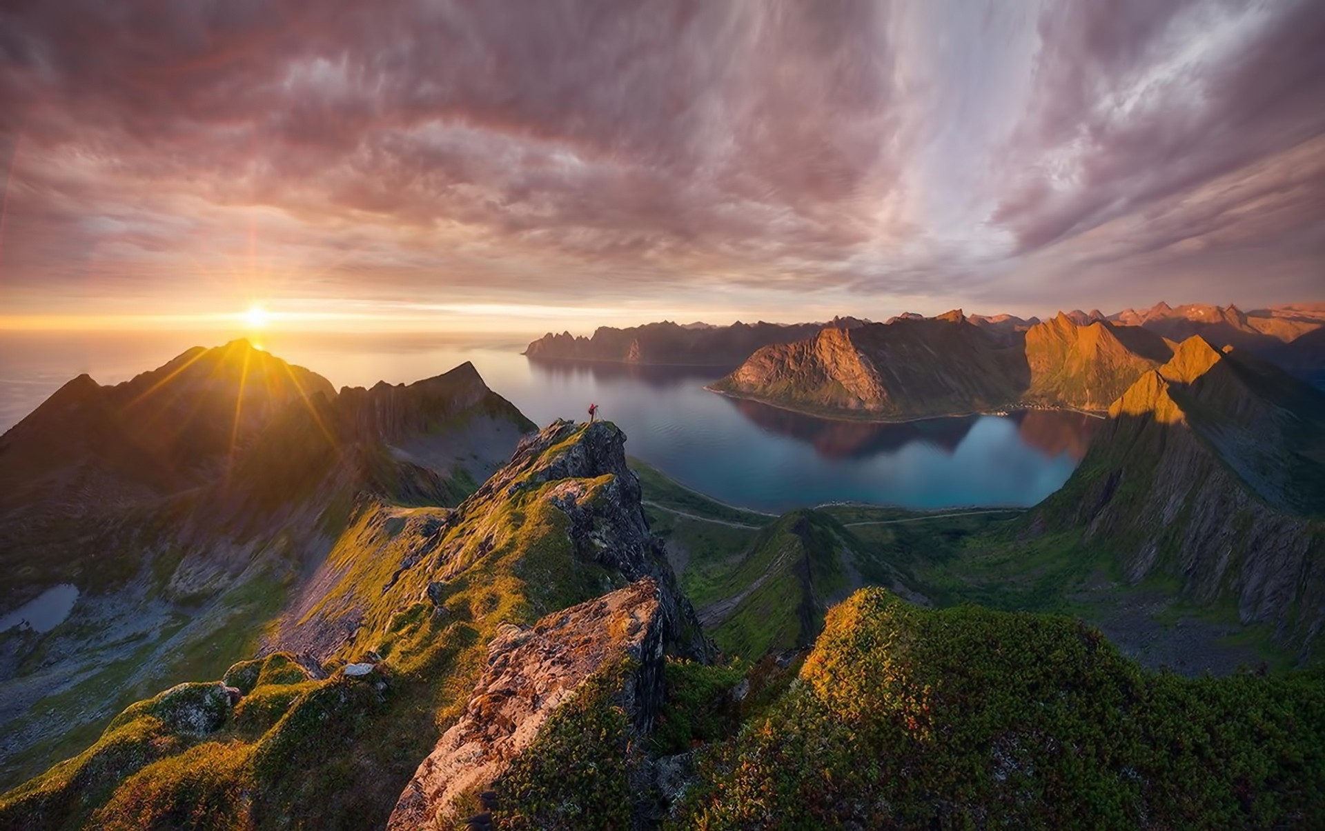 bucht landschaft sonnenuntergang norwegen sonne wolken meer lofoten-inseln felsen