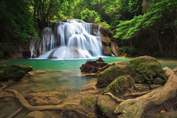 La cascada tiene un hermoso bosque con piedras