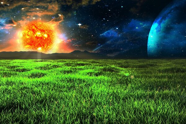 Immagine 3d del sole ardente vicino all erba verde succosa