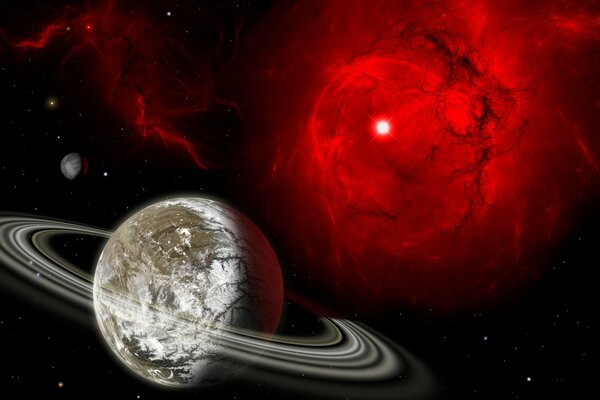 Pianeta Saturno su sfondo rosso scuro