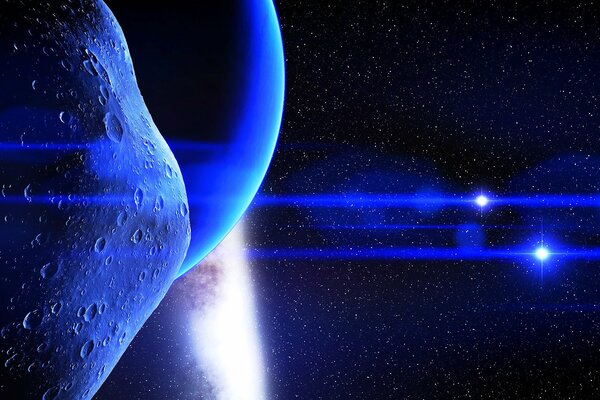 A huge asteroid is approaching some planet against the background of boundless Stellar space