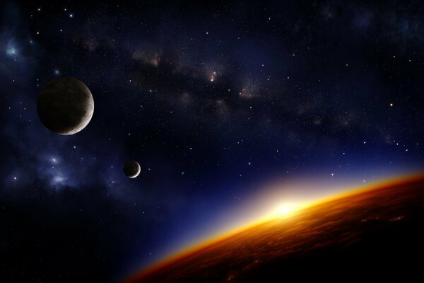 Sunrise on the background of planets in space