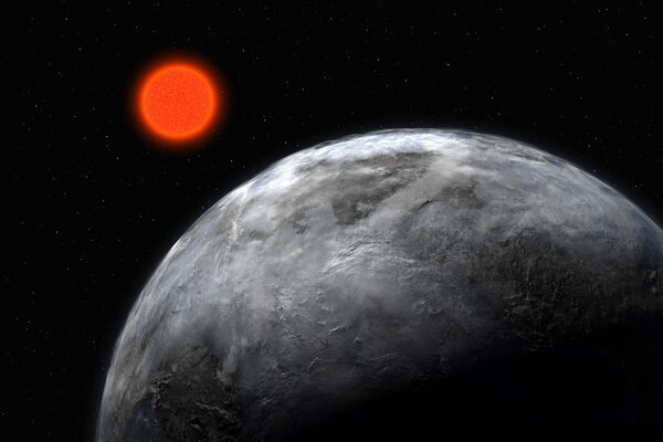 Sole rosso vista dallo spazio con il pianeta