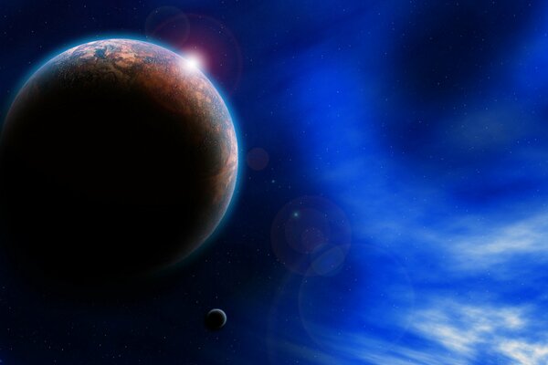 A blurry planet on the background of a blue nebula