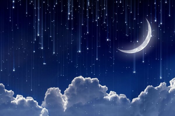 Large-format desktop wallpaper crescent moon, stars and clouds