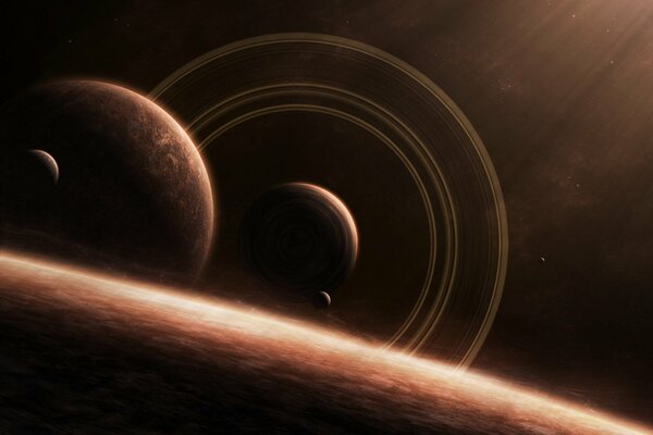 Planets with satellites catch the rays of the sun