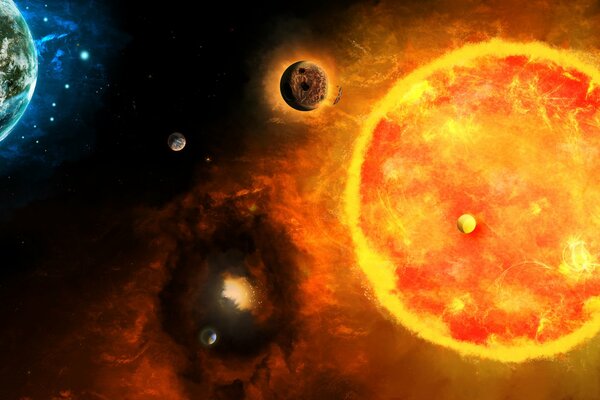 Ein Universum mit Planeten und einer brennenden Sonne