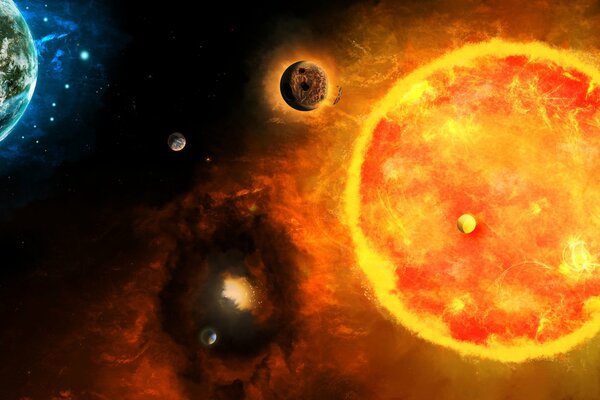 Un universo con pianeti e un sole ardente