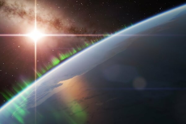 Солнечный луч на фоне Земли в космическом пространстве