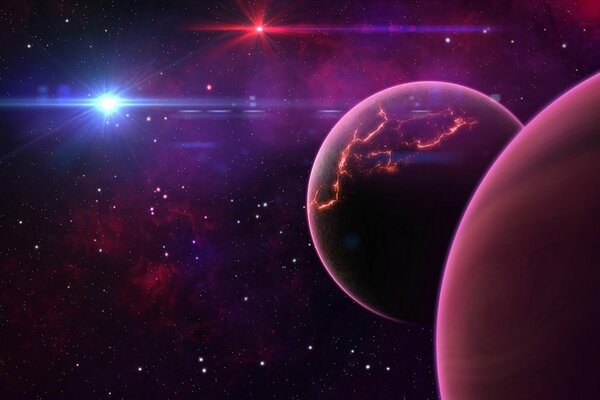Planetas en el espacio exterior con un tono rosado