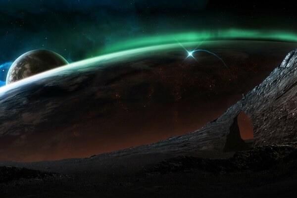 Planets with beautiful lights above them