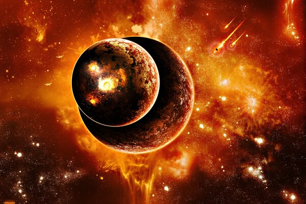 Fire in space with planets and a meteorite