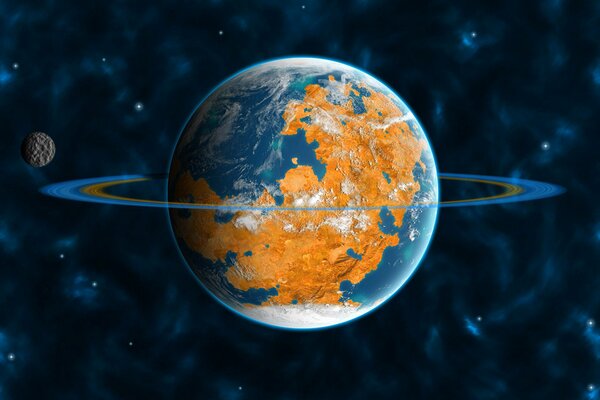 A planet with a ring and its satellite in orbit