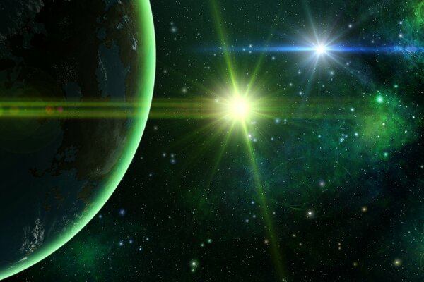 Planeta en el espacio exterior con una estrella verde brillante