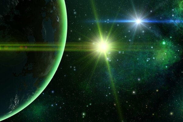 Pianeta nello spazio esterno con una stella verde brillante