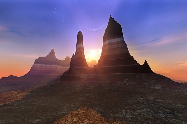 Sunset. Futuristic landscape