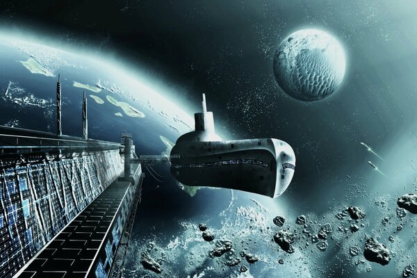 La nave espacial del futuro en órbita del planeta