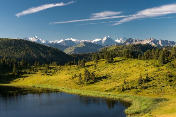 Lago suizo en el fondo de las montañas alpinas