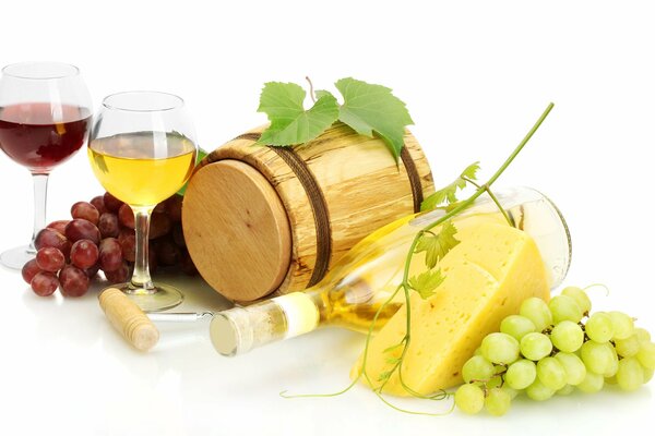 Red and white wine on the background of a still life