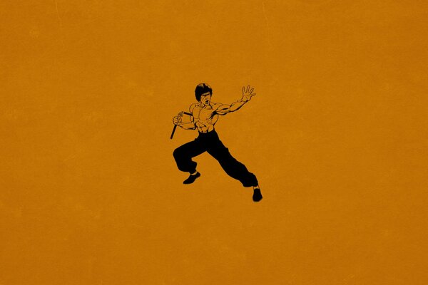 Bruce Lee con nunchakus sobre fondo naranja