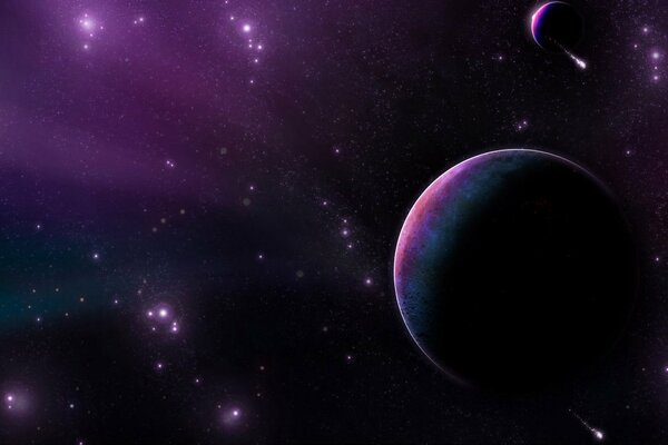 Planets, stars in purple glow