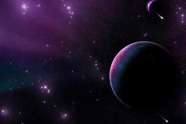 Планеты, звезды в фиолетовом свечении