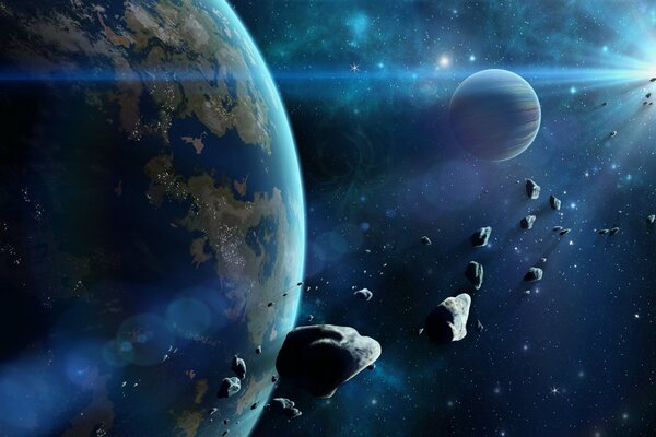 Planets and asteroids flying in a streak of light