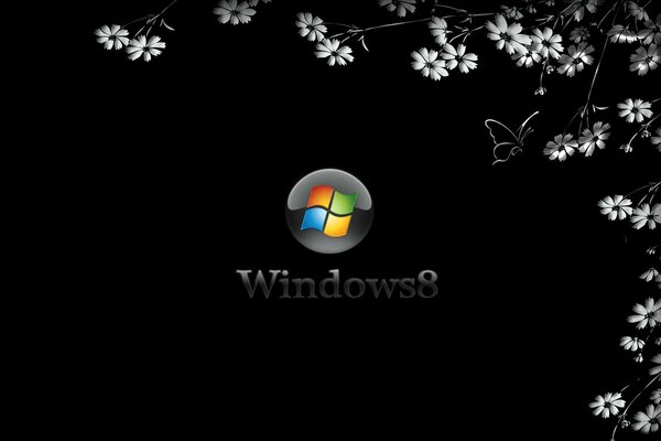 Logo Windows 8 sur fond noir avec des fleurs