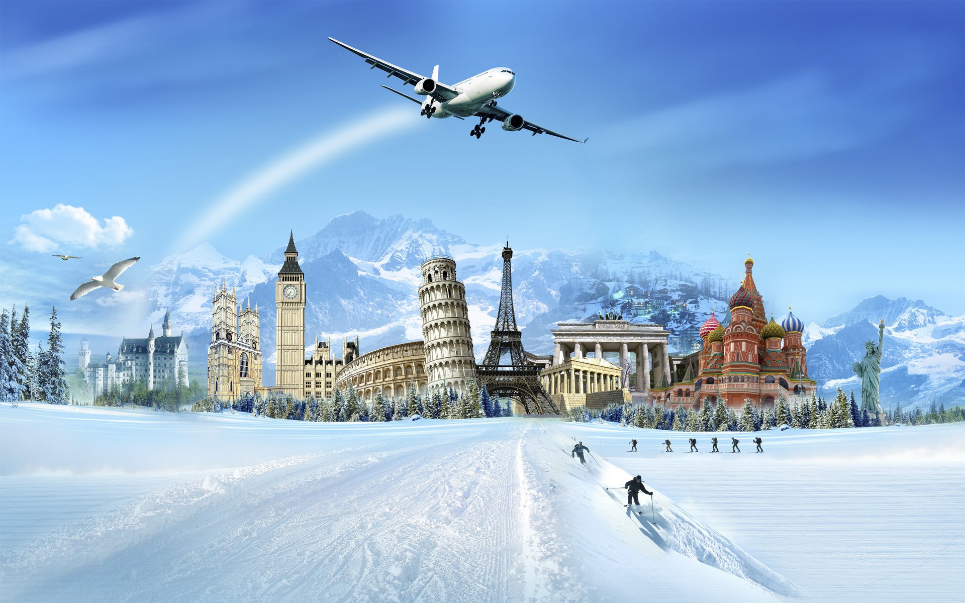 abor mountains building skiers pisa winter snow the plane