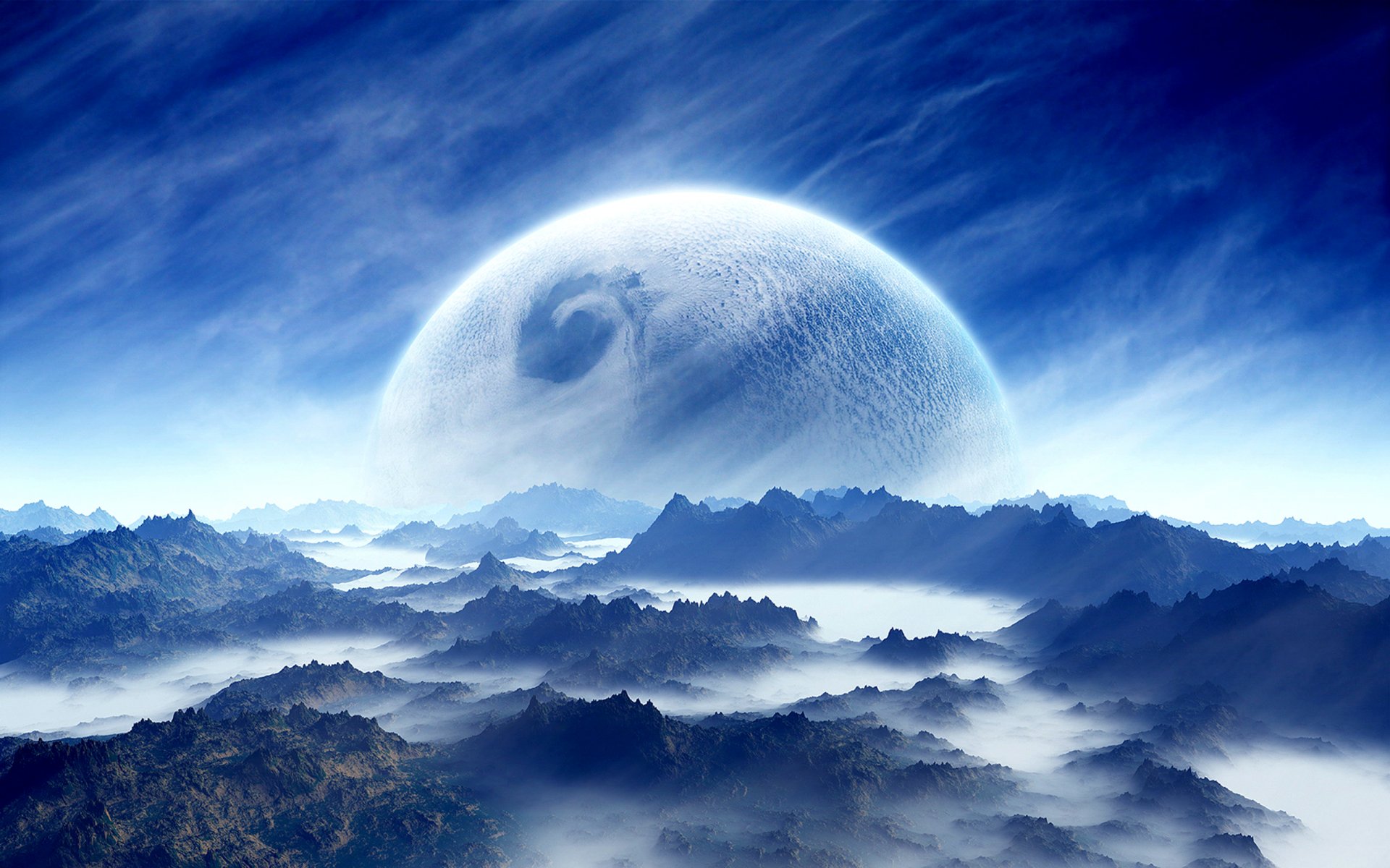 landscape planet sci fi sky mountain cloud blue white